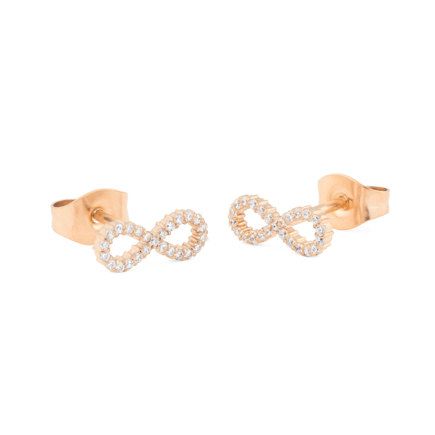 Mirelle Infinity Earring Rose Gold features petite infinity-shaped studs in rose gold, each set with sparkling white cubic zirconia crystals and finished with secure butterfly backs.