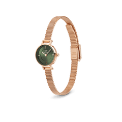Petite Mini Emerald Melrose watch with a 19mm rose gold case, emerald green sunray dial, and slim rose gold mesh strap featuring a stainless steel safety clasp.