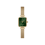 Quadro Mini Evergold Emerald gold watch for women featuring a rectangular case, emerald green dial, and a delicate gold mesh strap, designed for petite wrists and everyday elegance.