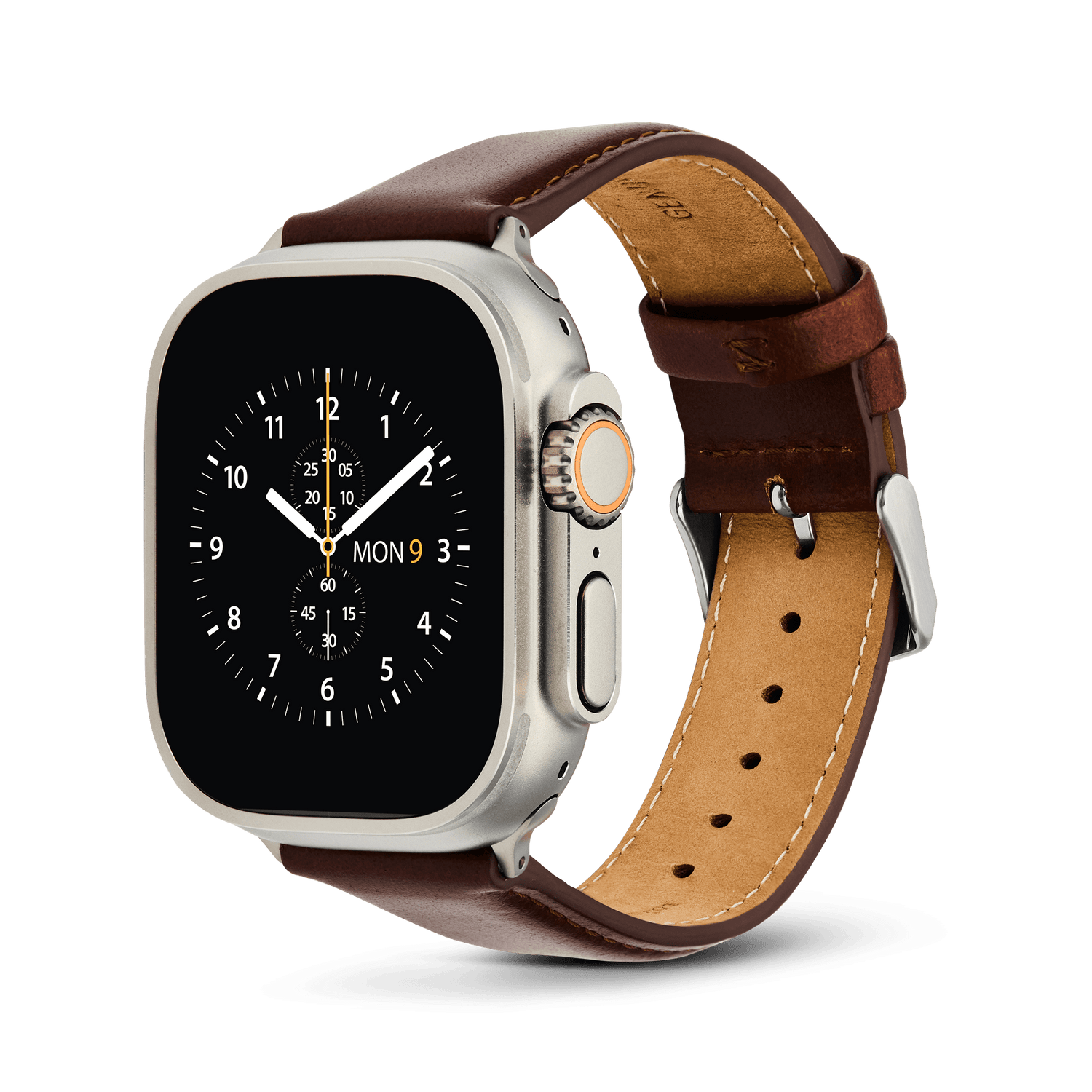 Apple Watch Ultra with a brown Smartwatch Leather Strap St Mawes Silver, featuring genuine stitched leather, a polished silver pin buckle, and a padded design for a refined, comfortable fit.