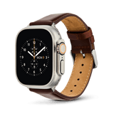 Apple Watch Ultra with a brown Smartwatch Leather Strap St Mawes Silver, featuring genuine stitched leather, a polished silver pin buckle, and a padded design for a refined, comfortable fit.