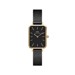 Quadro Pressed Ashfield Gold features a petite rectangular gold case, deep black dial, and slim black mesh strap, offering a minimalist and elegant look suitable for everyday wear and small wrists.
