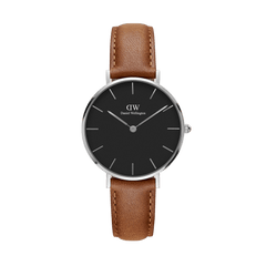 Petite Durham Black Silver ladies watch with a sleek black dial, polished silver case, and light brown genuine leather strap, featuring a minimalist design and slim profile ideal for everyday wear.
