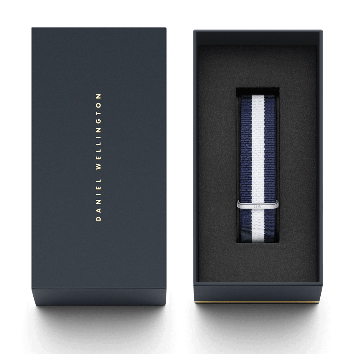 Glasgow Strap Silver presented in Daniel Wellington’s signature packaging, featuring a navy and white striped NATO style watch strap with a polished silver buckle.