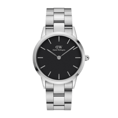 Daniel Wellington Iconic Link watch with a brushed stainless steel bracelet, minimalist black dial, and slim silver hour markers, designed for a modern yet timeless look.