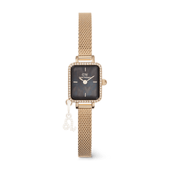 Quadro Mini Crystal Zodiac Evergold gold watch with a rectangular case, black mother of pearl dial, crystal-studded bezel, slim gold mesh strap, and a detachable zodiac charm.