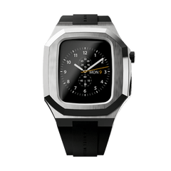 Switch Silver Apple Watch case in brushed stainless steel with a geometric octagonal shape, paired with a black rubber strap and deployment clasp, designed for 40mm Apple Watch models.