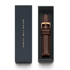 Bristol Strap Rose Gold presented in a Daniel Wellington gift box, featuring a brown genuine leather watch strap with a polished rose gold buckle for a refined and elegant upgrade.