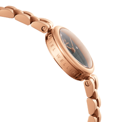 Close-up side view of the Elan Lumine Malachite Rose Gold ladies watch, showing the engraved case, rose gold bracelet links, and the green malachite dial with crystal markers.