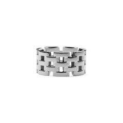 The 5-Link Ring Silver features a wide band with a contemporary geometric link design and a polished stainless steel finish, offering a bold and modern style.