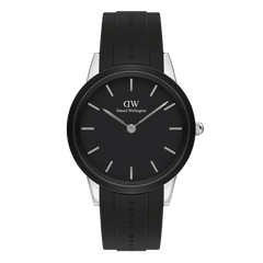 Daniel Wellington Iconic Motion Silver men's watch with a minimalist black dial, silver stainless steel case, and a sleek black FKM rubber strap, suitable for both professional and casual wear.