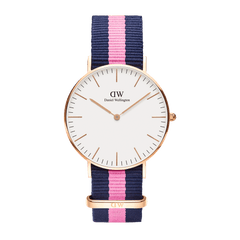 Classic Winchester Rose Gold women’s watch with a rose gold case, minimalist white dial, and a navy and pink NATO fabric strap, designed for everyday versatility and comfort.