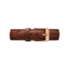 Brown genuine leather watch strap with rose gold buckle, designed for the Petite St Mawes women’s watch, offering adjustable comfort and a classic look.