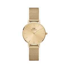 Petite Unitone Gold watch featuring a minimalist round gold dial and an adjustable gold mesh strap, crafted from polished stainless steel with a refined, elegant finish.