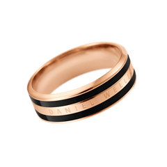 Contemporary Emalie Ring Rose Gold Black with a slim black enamel stripe and engraved Daniel Wellington branding, crafted in polished rose gold for a refined minimalist style.
