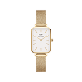 Quadro Pressed Evergold Gold watch featuring a rectangular gold case, crisp white dial with gold markers, and a slim gold mesh bracelet, designed for women seeking a refined and versatile accessory.