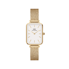 Quadro Pressed Evergold Gold watch featuring a rectangular gold case, crisp white dial with gold markers, and a slim gold mesh bracelet, designed for women seeking a refined and versatile accessory.