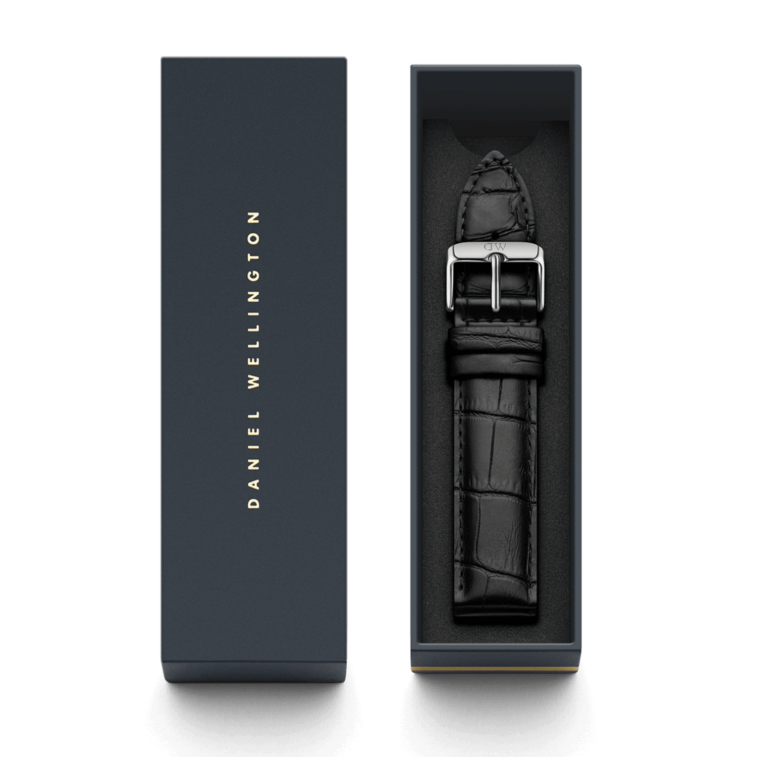 Reading Strap Silver leather watch strap in black with a croc-embossed finish and polished silver buckle, presented in a Daniel Wellington branded gift box.