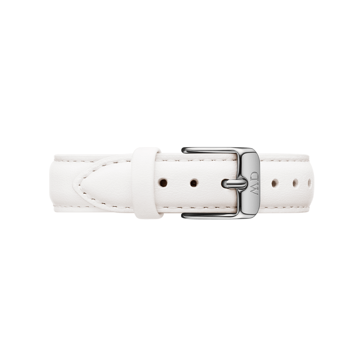 White genuine leather watch strap with a polished silver buckle, featuring fine stitching and a slim, modern profile suitable for both classic and petite watches.
