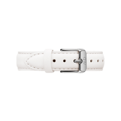 White genuine leather watch strap with a polished silver buckle, featuring fine stitching and a slim, modern profile suitable for both classic and petite watches.