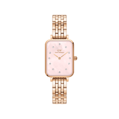 Quadro Lumine 5 Link Melrose Pink MoP Rose Gold ladies watch with a rectangular pink mother of pearl dial, crystal hour markers, and a rose gold five-link stainless steel bracelet.