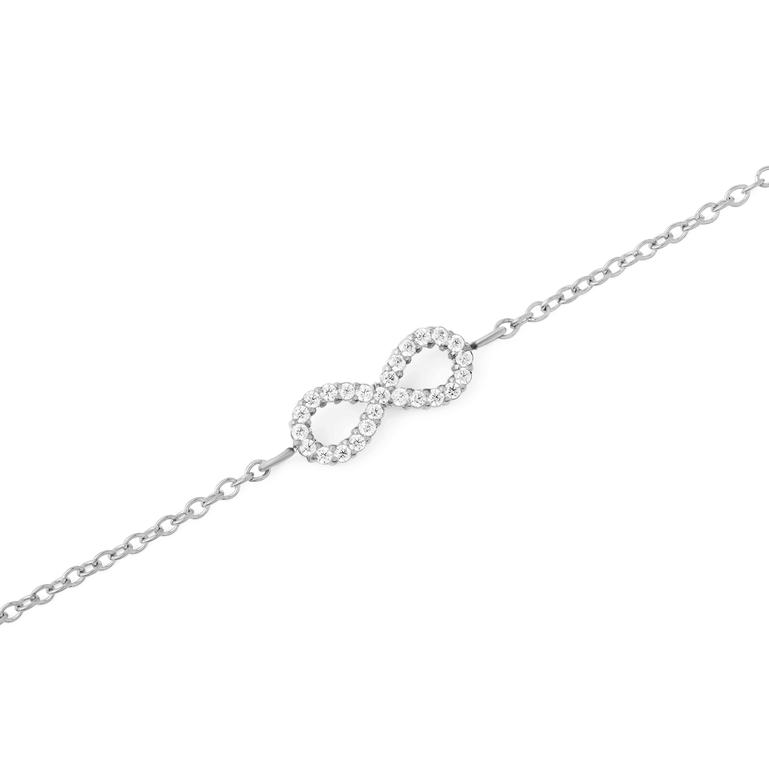 Close-up of the Mirelle Infinity Bracelet Silver showcasing the sparkling infinity symbol set with white cubic zirconia crystals on a fine stainless steel chain.