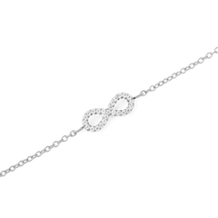 Close-up of the Mirelle Infinity Bracelet Silver showcasing the sparkling infinity symbol set with white cubic zirconia crystals on a fine stainless steel chain.