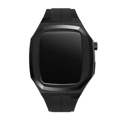 Switch Black Black Apple Watch case in brushed stainless steel with a matte black finish, featuring geometric contours, an integrated FKM rubber strap, and a minimalist design for Series 6, 5, 4, and SE models.