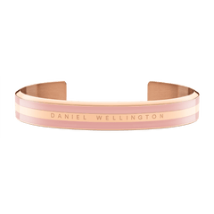 Wide cuff Emalie Bracelet Dusty Rose Rose Gold featuring soft pink enamel and rose gold double-plated stainless steel, with Daniel Wellington branding on the front.