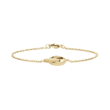 Minimalist Elan Unity Bracelet in gold with a fine adjustable chain and two interlocking rings, featuring engraved detailing and a secure clasp for comfortable everyday wear.