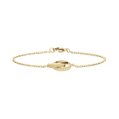 Minimalist Elan Unity Bracelet in gold with a fine adjustable chain and two interlocking rings, featuring engraved detailing and a secure clasp for comfortable everyday wear.