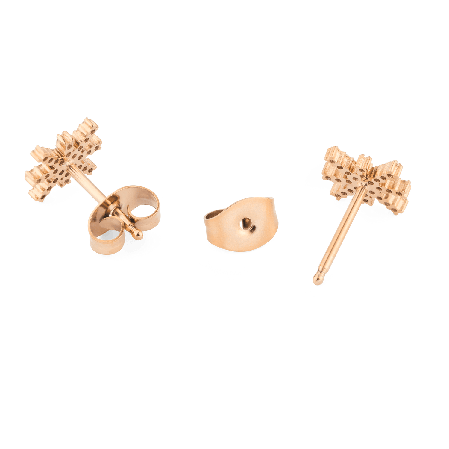 Back view of the Mirelle Star Earring Rose Gold studs, showing the detailed starburst design, rose gold finish, and secure butterfly backs separated from the earrings.