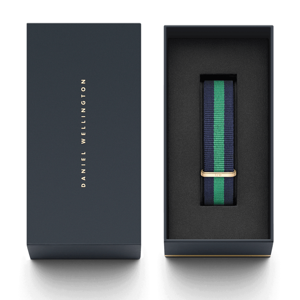 Warwick Strap Rose Gold with navy and green stripes and a rose gold buckle, presented in a premium Daniel Wellington gift box, ideal for gifting or updating your watch collection.
