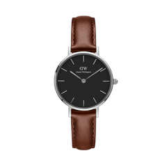 Petite St Mawes Black Silver ladies watch featuring a minimalist black dial, slim brown genuine leather strap, and polished silver case, ideal for petite wrists and everyday wear.