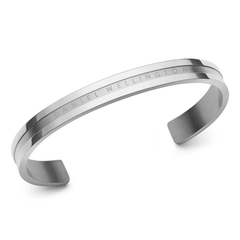 Elan Bracelet Silver with a sleek, minimalist open cuff design in polished stainless steel, featuring the Daniel Wellington logo engraved along the front band.