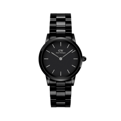 Iconic Link Ceramic watch with a polished black ceramic bracelet, minimalist black dial, and silver-tone hour markers, offering a refined and modern style for women.