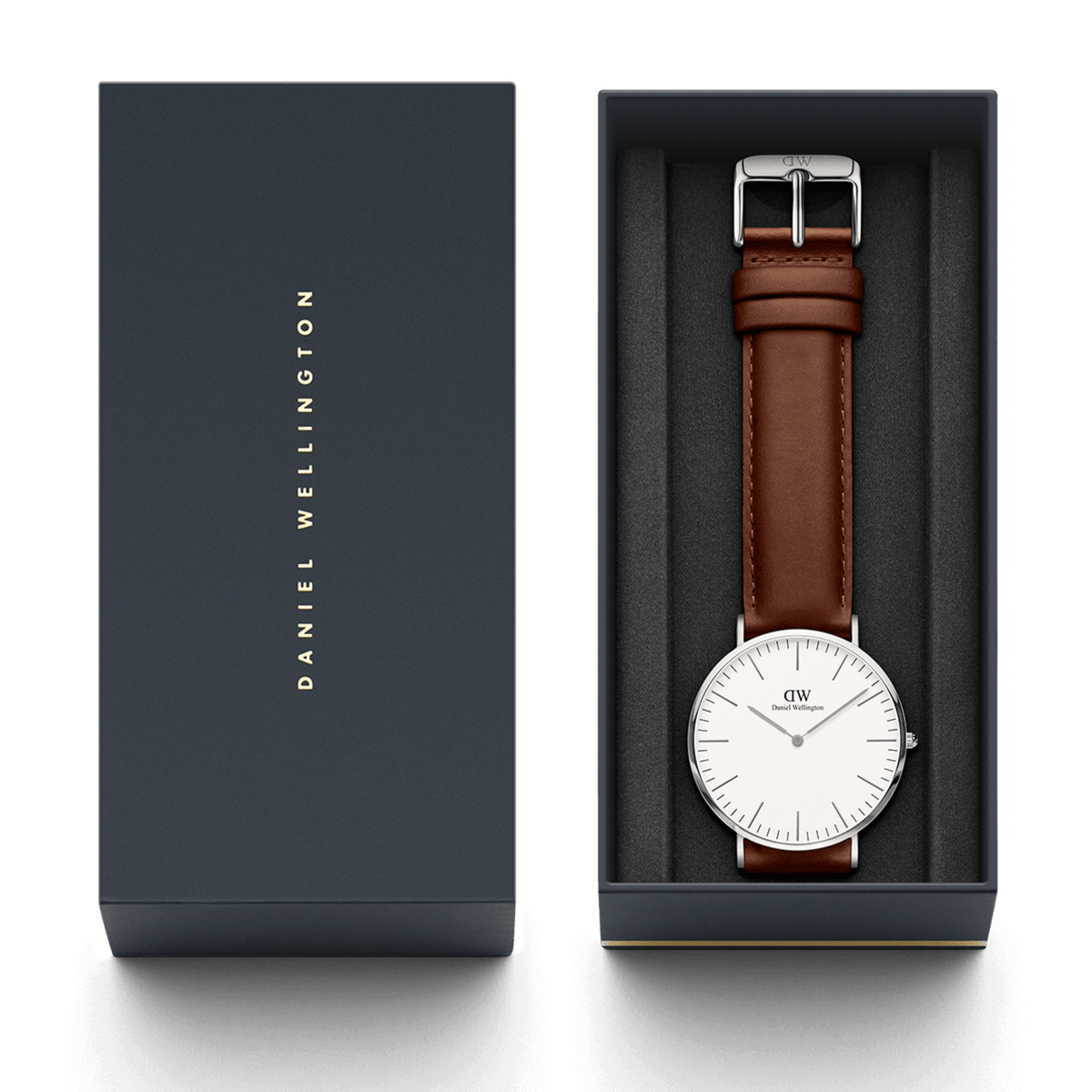 Classic St Mawes Silver watch presented in a Daniel Wellington gift box, featuring a round eggshell white dial, polished silver case, and genuine brown leather strap, ideal for gifting or everyday wear.