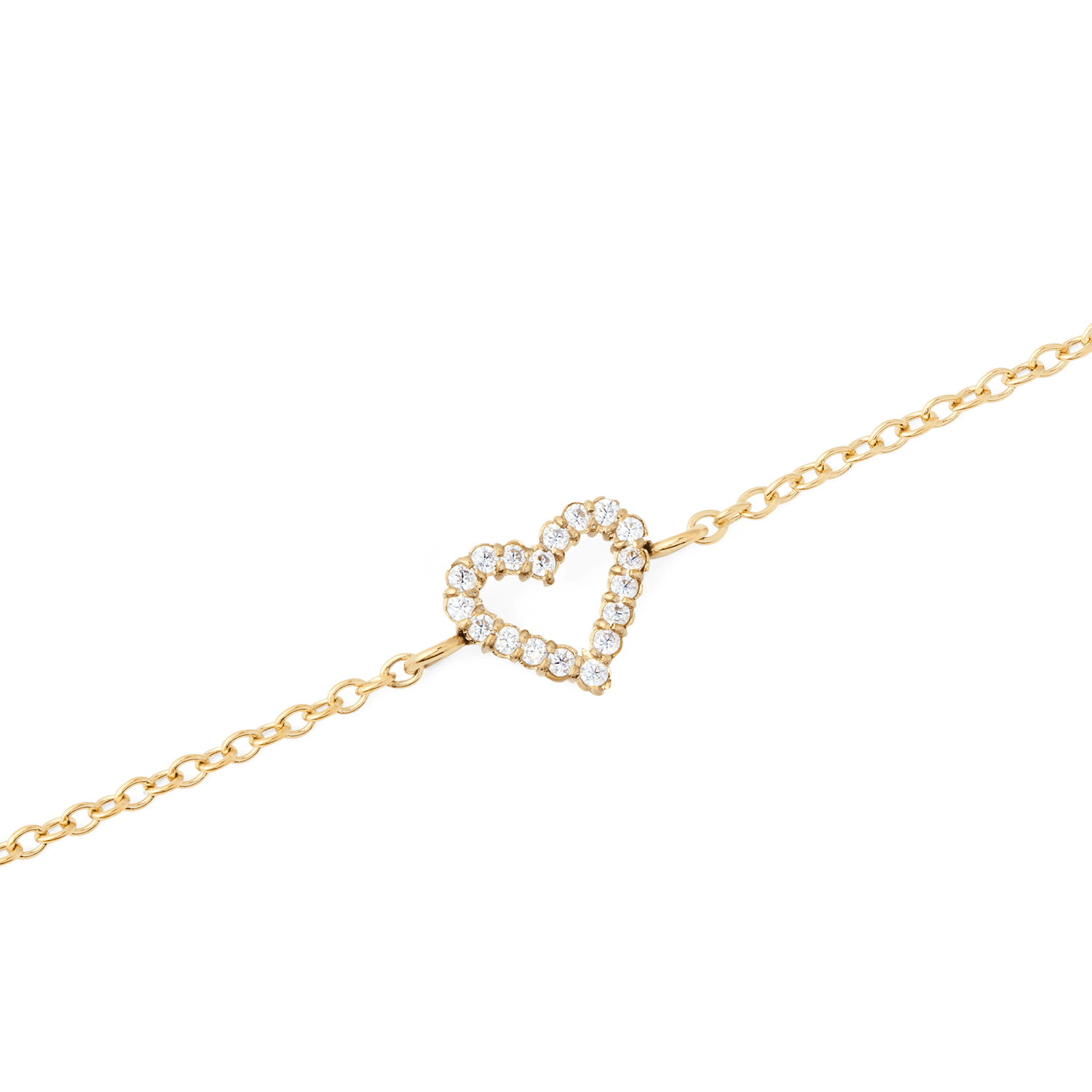 Close-up of the Mirelle Heart Bracelet Gold showing the open heart charm set with sparkling cubic zirconia crystals on a slim gold-plated chain, highlighting its delicate and elegant design.