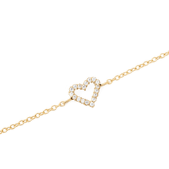 Close-up of the Mirelle Heart Bracelet Gold showing the open heart charm set with sparkling cubic zirconia crystals on a slim gold-plated chain, highlighting its delicate and elegant design.