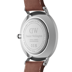 Back view of the Classic Multi-Eye St Mawes Arctic Silver men's watch showing the stainless steel case, engraved branding, and brown genuine leather strap.