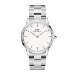 Daniel Wellington Iconic Link Silver watch with a polished stainless steel bracelet, minimalist eggshell white dial, and classic round face, shown against a plain background.