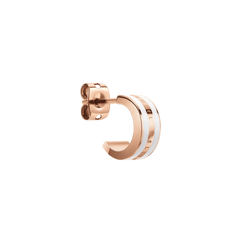 Single Emalie Earring Rose Gold Satin White in a huggie style, featuring a rose gold finish with a satin white enamel stripe and engraved branding, shown from a side angle.