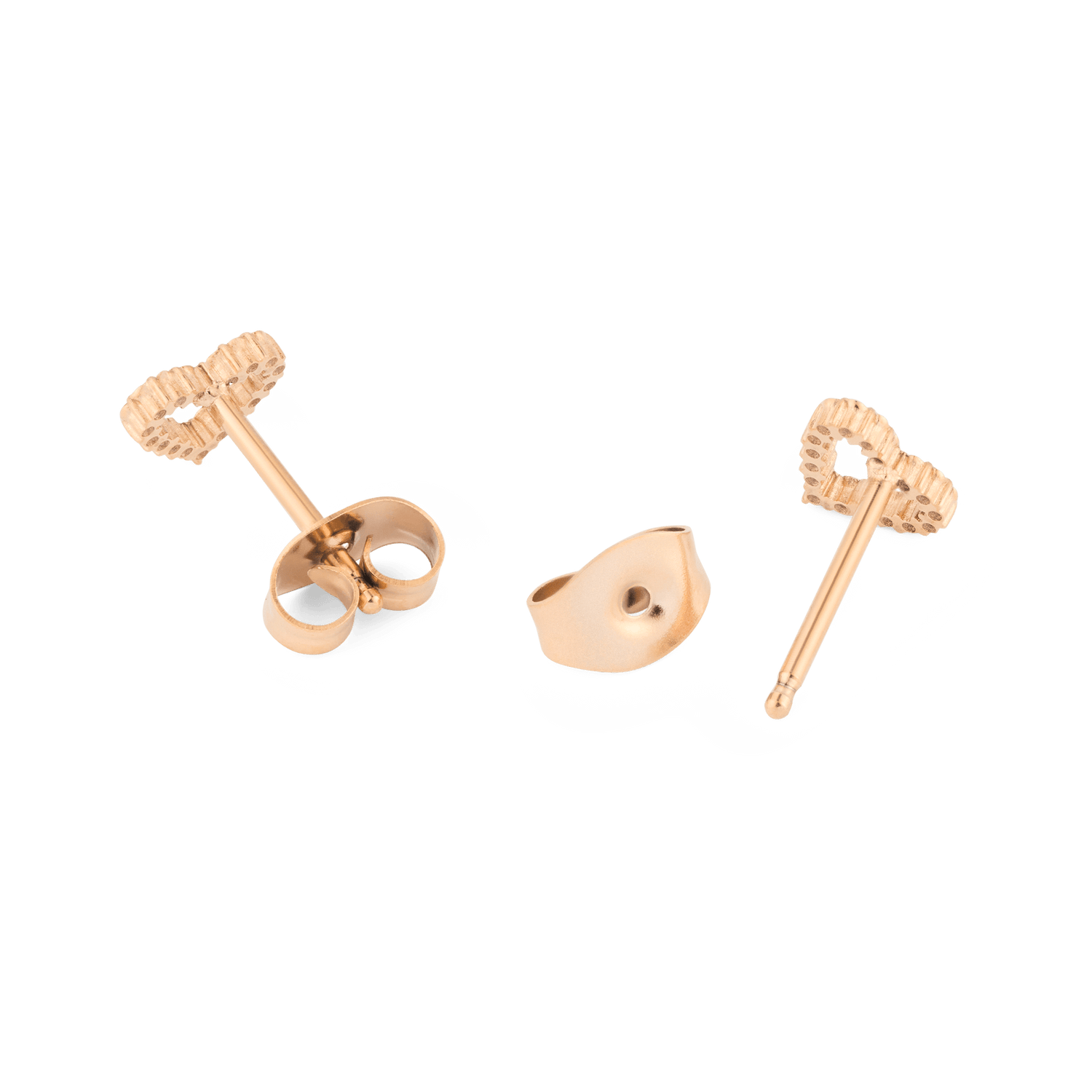 Mirelle Heart Earring Rose Gold shown from the back and side, highlighting the secure butterfly backs and the petite heart-shaped design in rose gold.