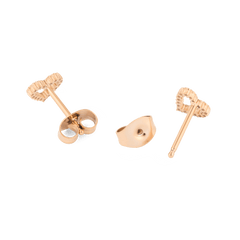 Mirelle Heart Earring Rose Gold shown from the back and side, highlighting the secure butterfly backs and the petite heart-shaped design in rose gold.