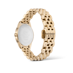 Rear view of the Ophelia Mini Emerald Gold watch showing the stainless steel case back, polished gold beans link bracelet, and butterfly clasp.