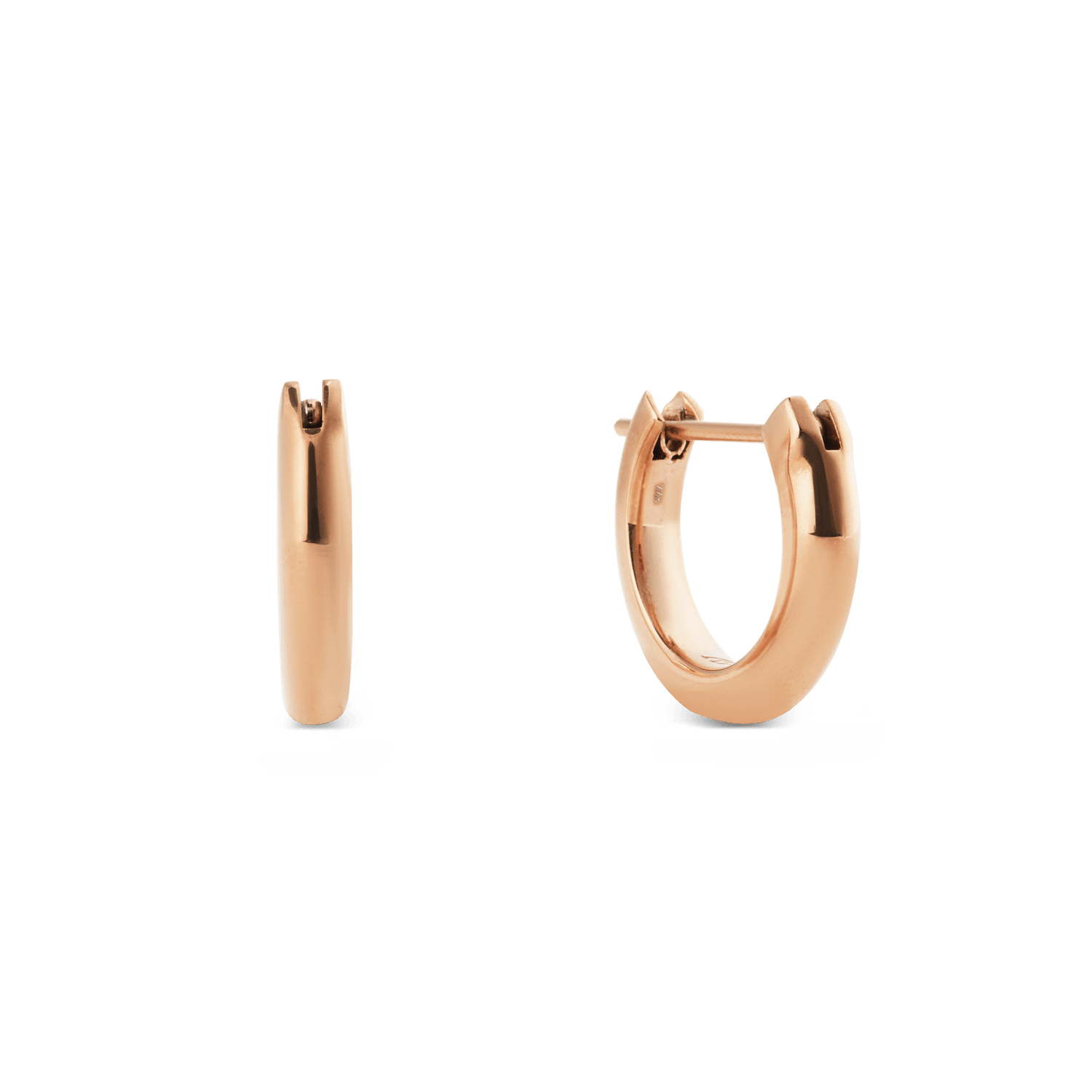 A pair of small Arch Earring Rose Gold 9mm hoops crafted from polished rose gold PVD plated stainless steel, featuring a minimalist, rounded design with a secure pin closure and a slim, comfortable profile.