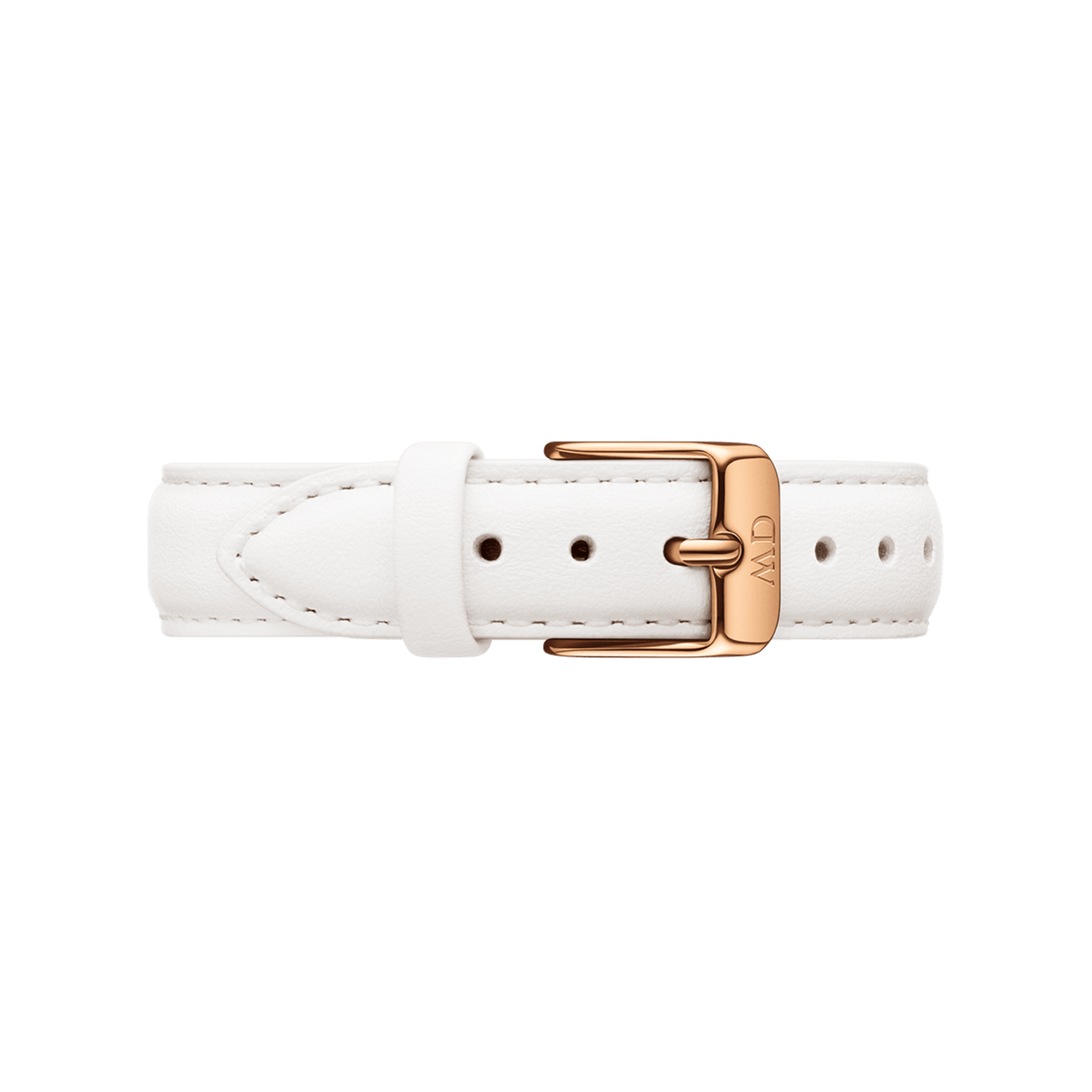 White genuine leather watch strap with a rose gold buckle, featuring fine stitching and a minimalist design, suitable for ladies' watches in 12mm or 14mm sizes.