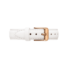 White genuine leather watch strap with a rose gold buckle, featuring fine stitching and a minimalist design, suitable for ladies' watches in 12mm or 14mm sizes.