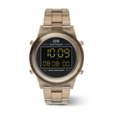 Daniel Wellington Retro Digital Dark Brown Dark Brown watch with a transparent dark brown link strap, round case, and a black digital display showing time, date, and chronograph functions.