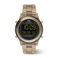 Daniel Wellington Retro Digital Dark Brown Dark Brown watch with a transparent dark brown link strap, round case, and a black digital display showing time, date, and chronograph functions.